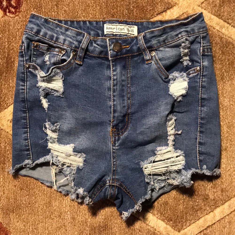 Distressed High Waisted Stretch Denim Shorts
